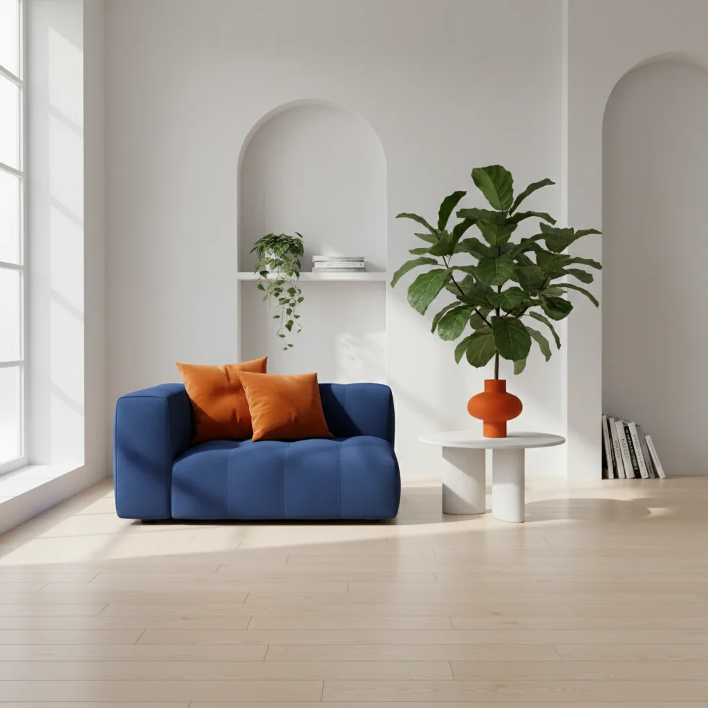 A calm workspace with a wooden desk, notebook, pen, and a small potted green plant in soft natural light