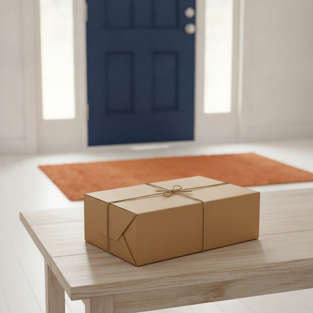 A neat kraft parcel box on a wooden table near a bright front door entrance