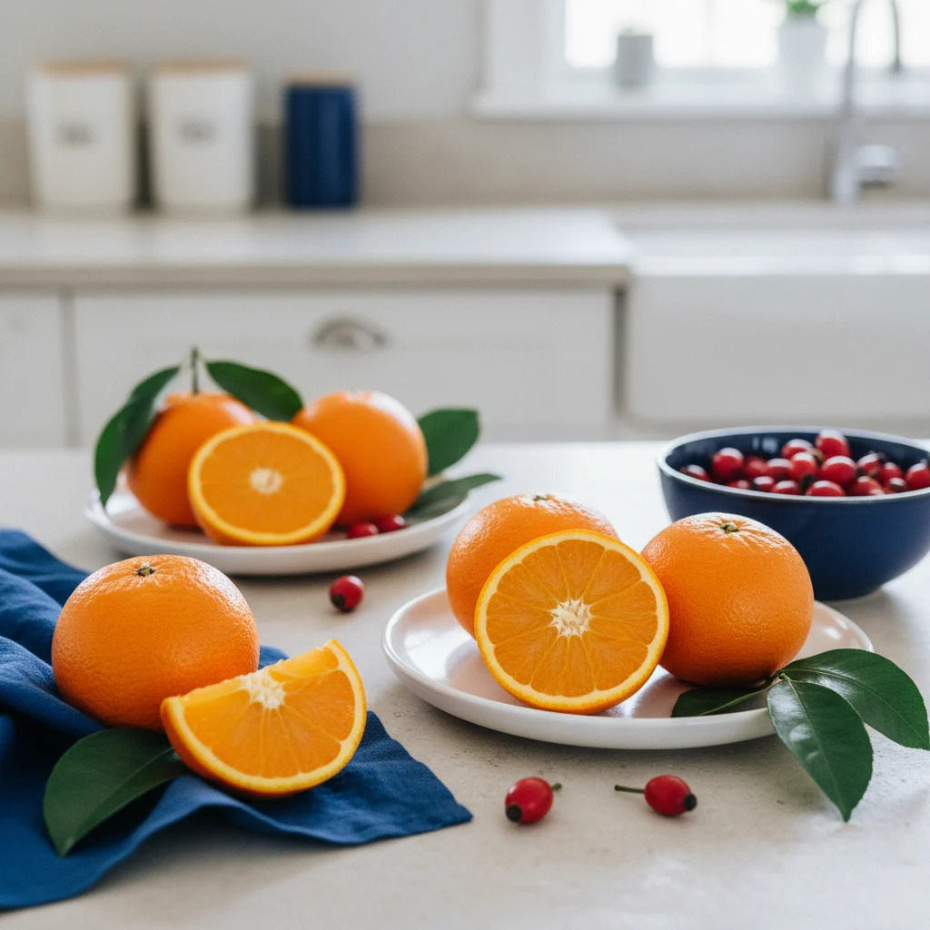 Fresh oranges, rose hips, and green leaves arranged on a light stone kitchen counter - vitamin C sources
