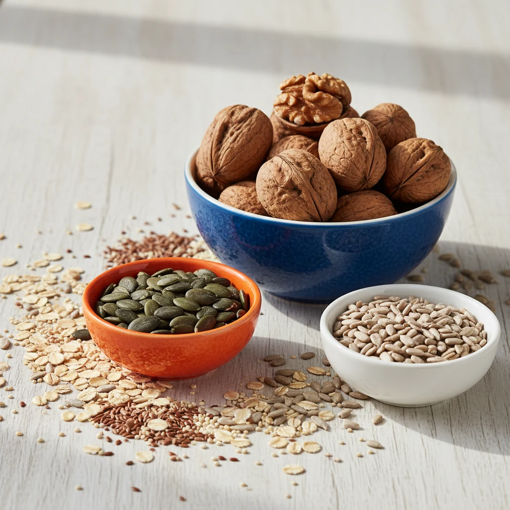 Assorted nuts, pumpkin seeds, and whole grains in ceramic bowls on a wooden table - magnesium and B-vitamin sources