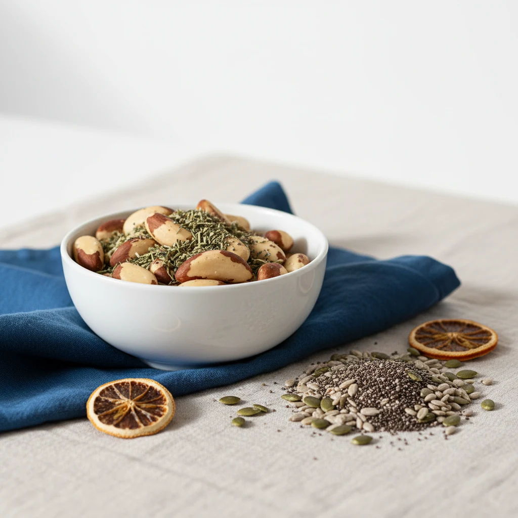 Brazil nuts and small ceramic dish of dried herbs on a light kitchen surface - selenium sources