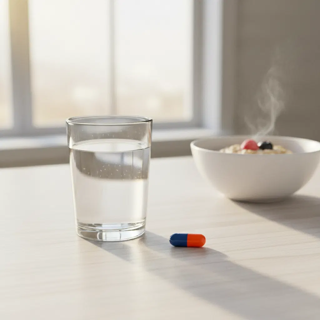 A glass of water and a capsule on a bright kitchen table with soft morning light streaming through the window