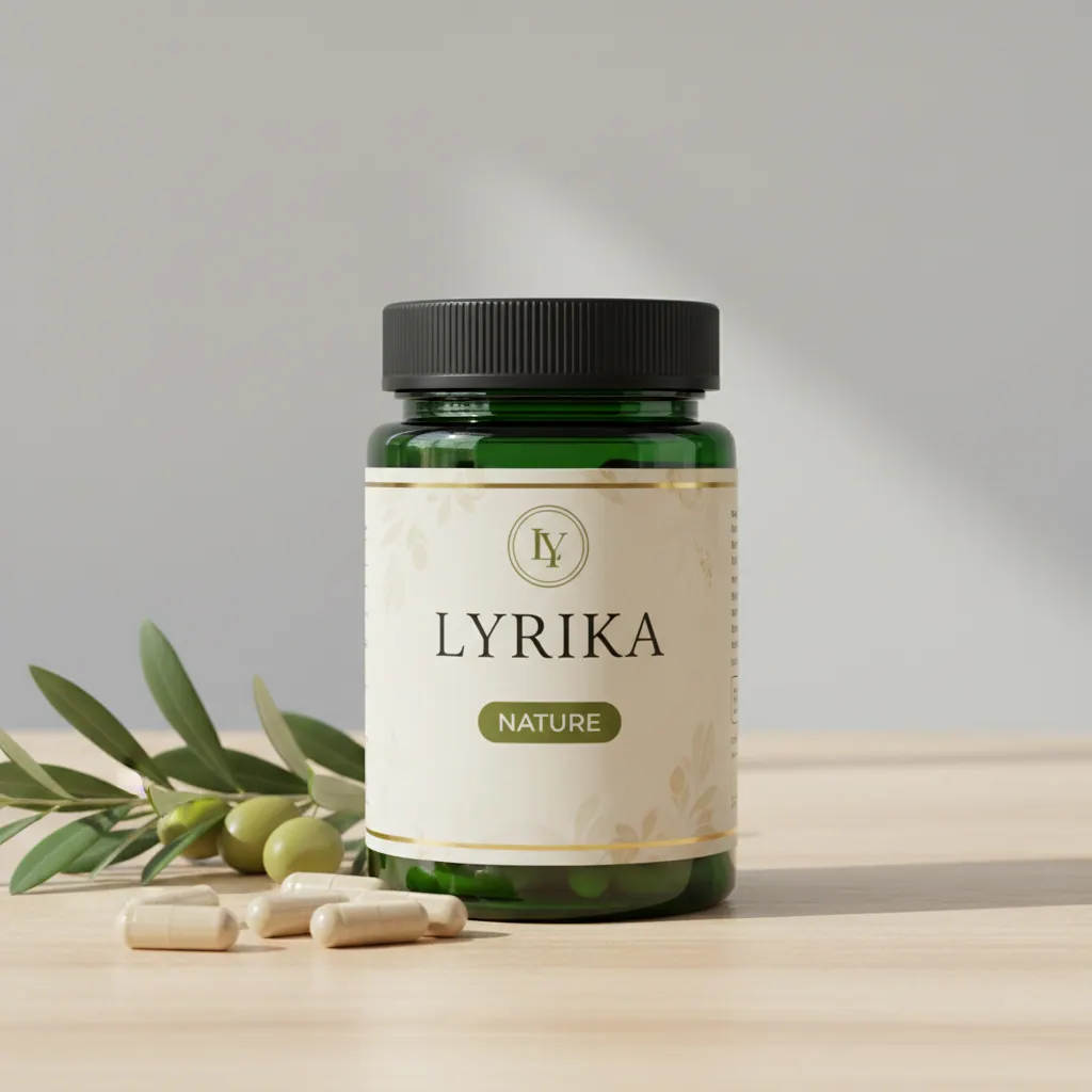 Lyrika dark green glass supplement jar with silver lid and branded label on a clean surface