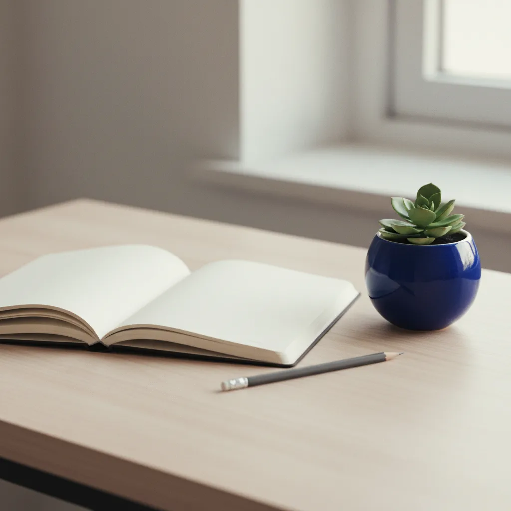 Een open notitieboek naast een potlood en een kleine groene plant op een licht bureau