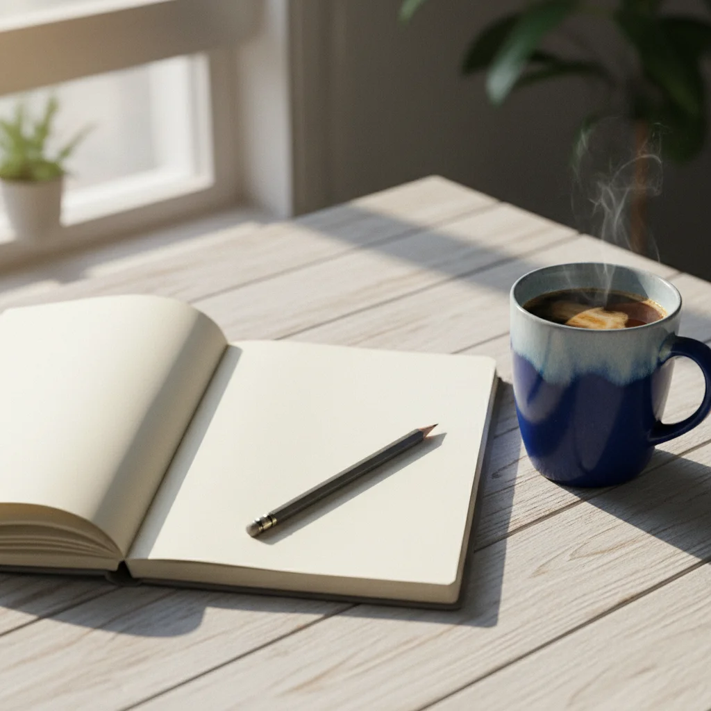 Open notitieboek met een pen en een kopje koffie op een houten tafel in warm ochtendlicht