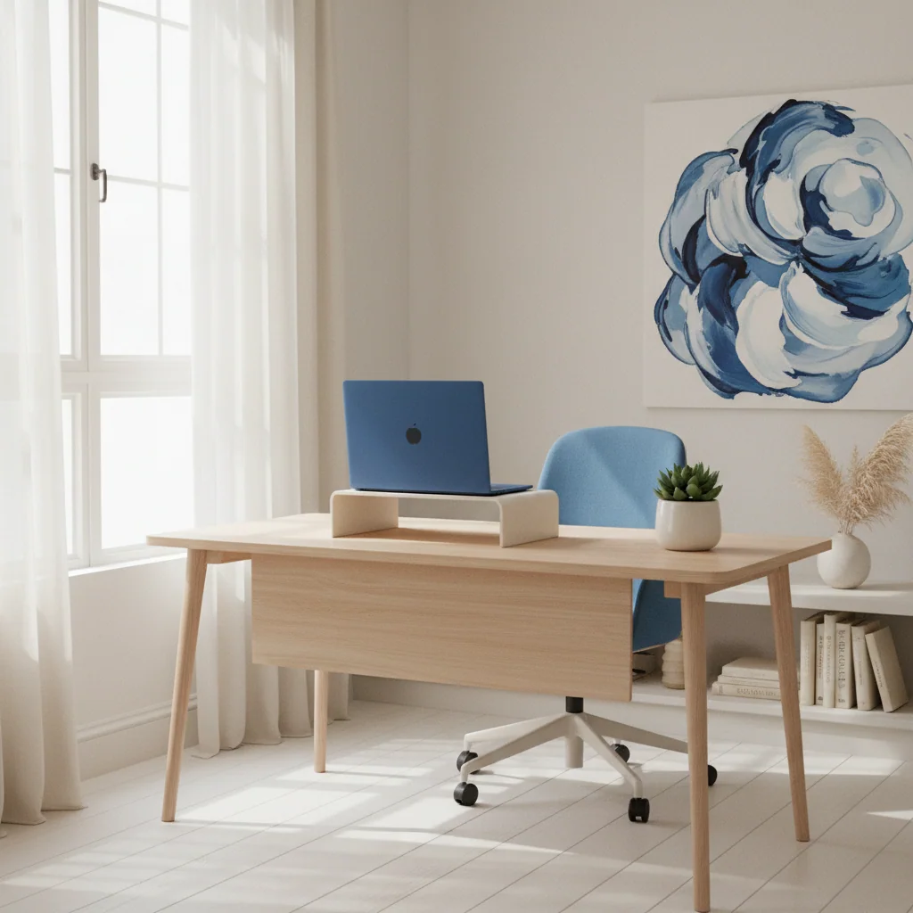 Rustige, lichte werkkamer met een ergonomisch bureau en een groene plant bij het raam