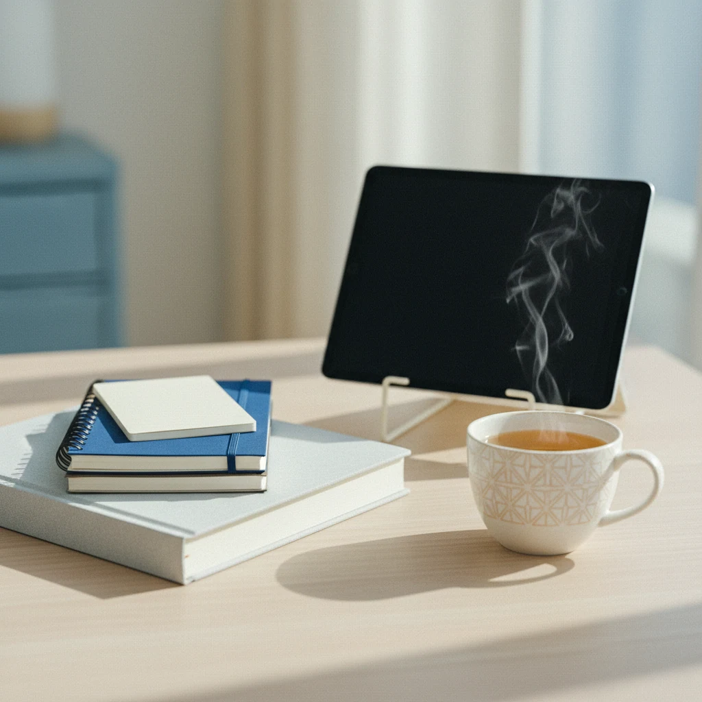 Gestapelde notitieboeken en een tablet op een lichte houten tafel met een kopje kruidenthee ernaast