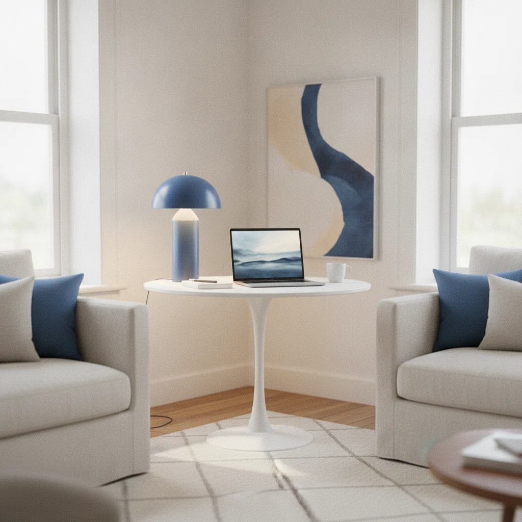 Thuiswerkhoek met een compacte ronde tafel, een laptop en een warme bureaulamp in een lichte woonkamer