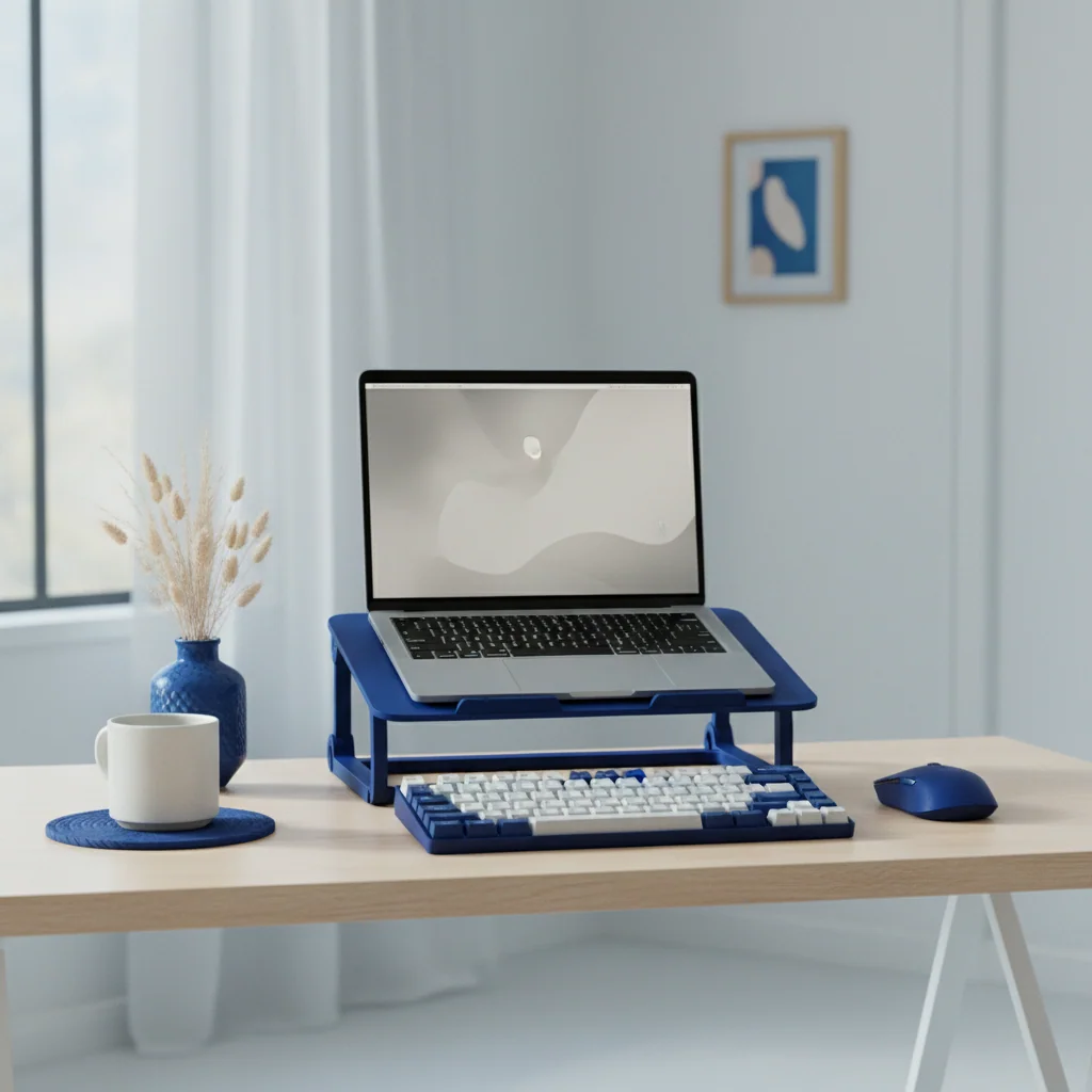 Ordelijk bureau met een laptop op een verhoger, een extern toetsenbord en een vaasje met droogbloemen