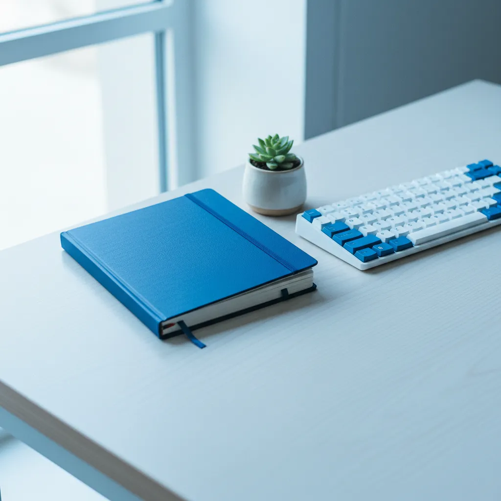 Opgeruimd bureau met een laptop op een standaard, een notitieboek en een kleine plant in natuurlijk licht