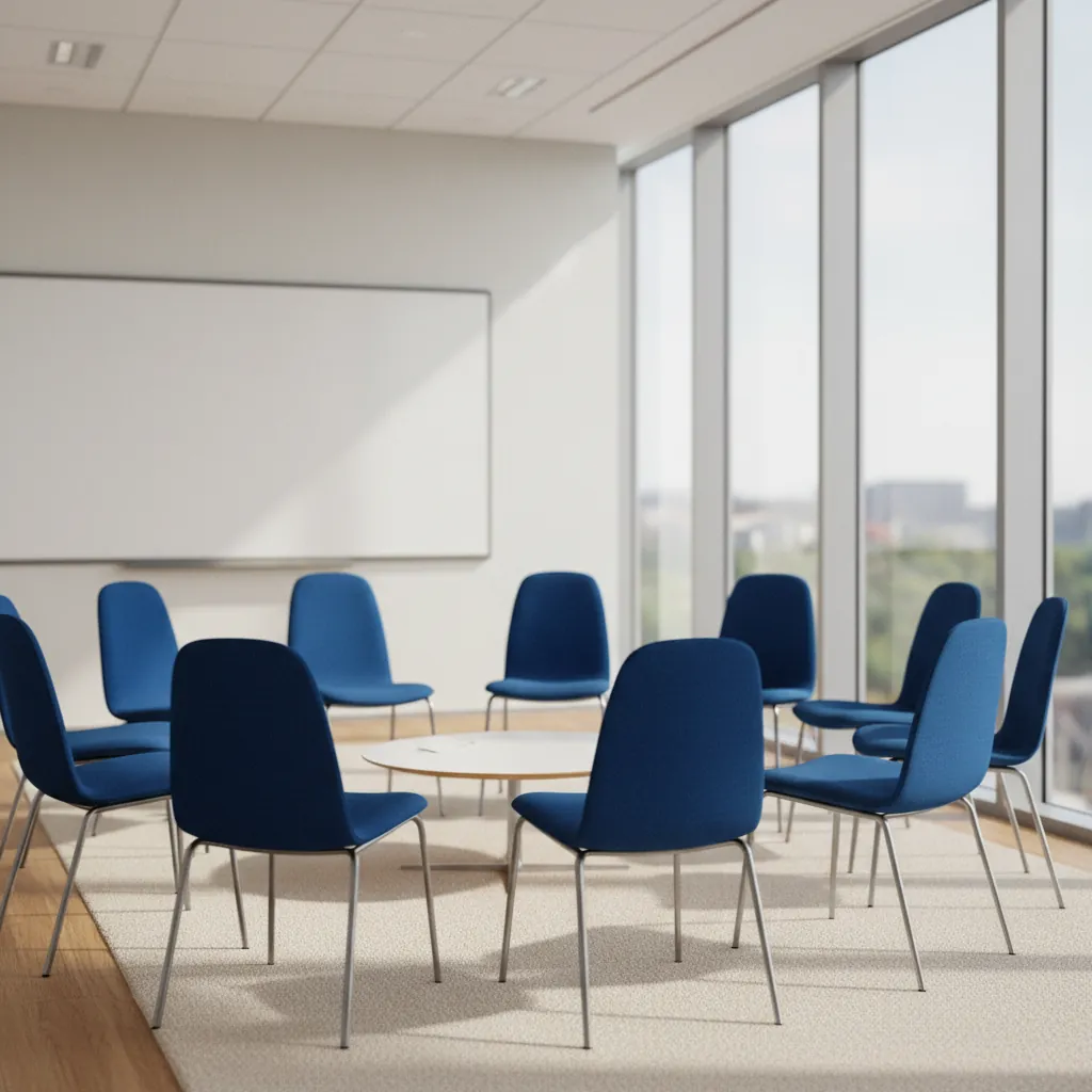 Een lichte vergaderruimte met een whiteboard en stoelen opgesteld in een kring, klaar voor een workshop